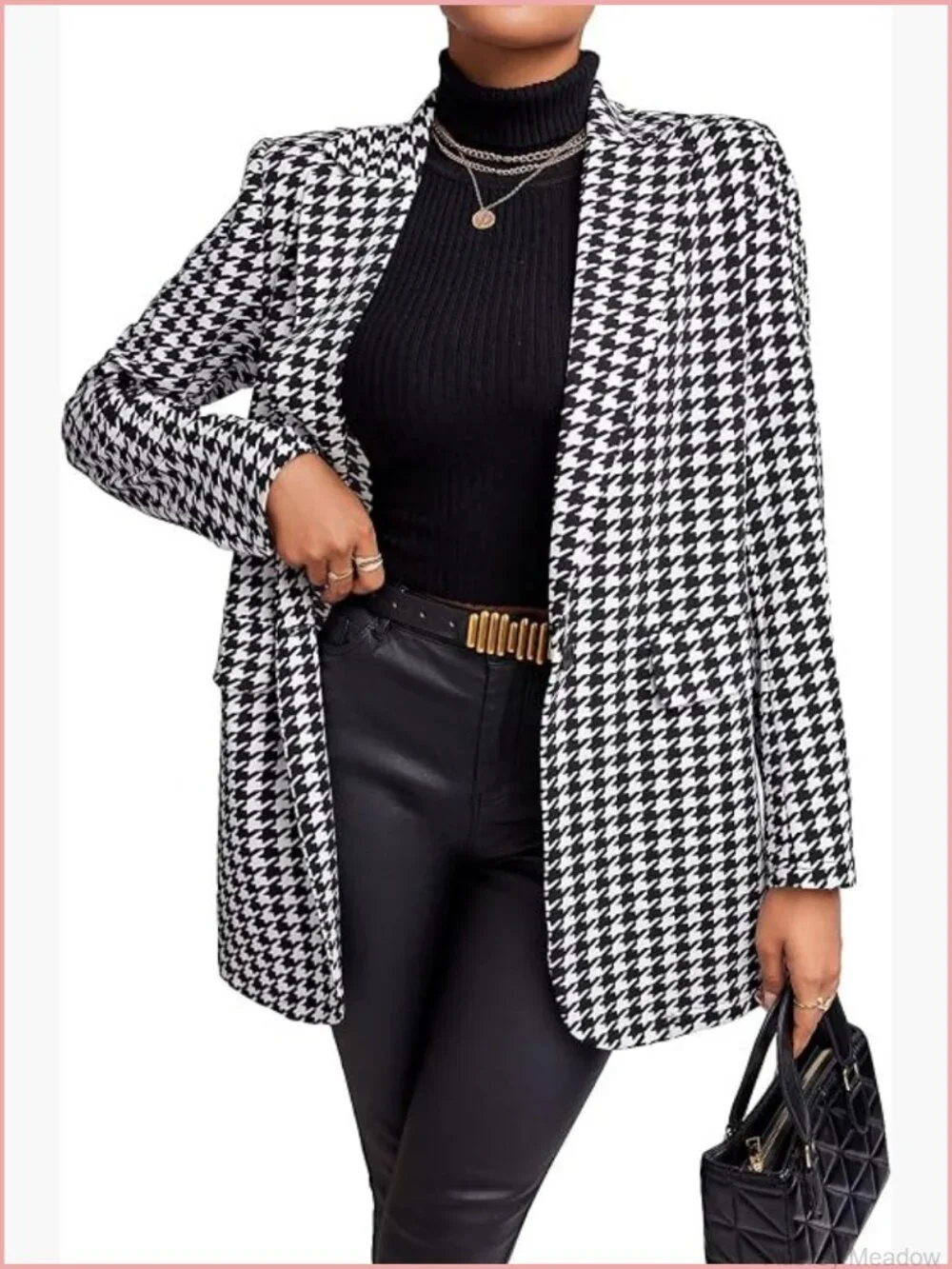 Houndstooth Print Lapel Single Button Blazer Long Sleeve